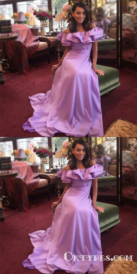 A-Line Off the Shoulder Lilac Long Prom Dresses with Ruffles, TYP1636