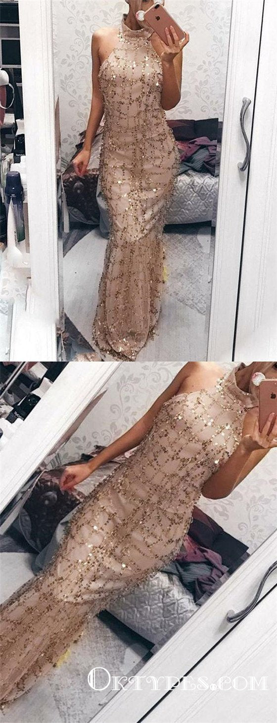 Champagne Foraml Evening Long High Neck With Sequins Prom Dresses, TYP1658