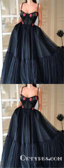 Black Tulle Spaghetti Straps Long Evening Gowns With Appliques Prom Dresses, TYP1700