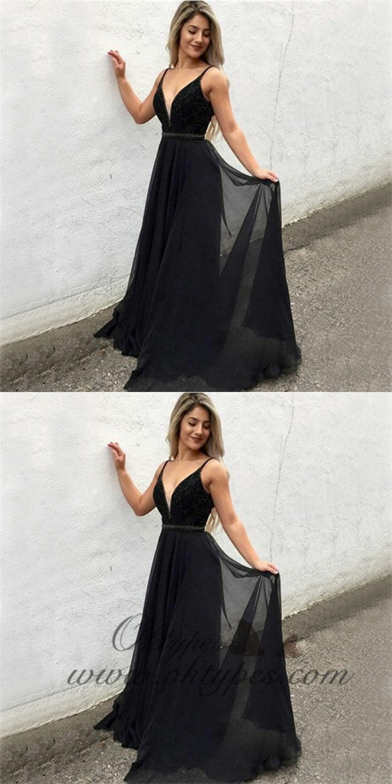A-Line V-Neck Long Cheap Black Chiffon Prom Dresses with Beading, TYP1261