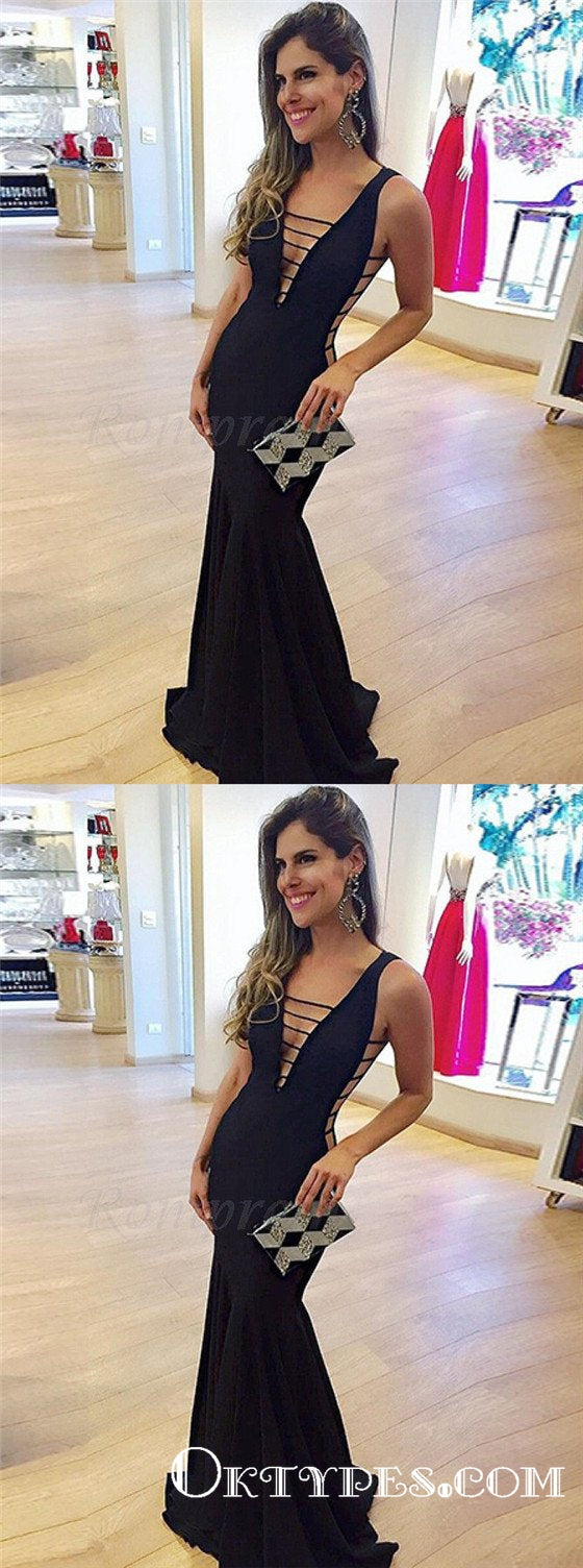 Black Sexy Mermaid Low Cut V-Neck Long Cheap Prom Dresses, TYP1796
