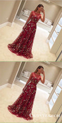 A-Line Crew Long Flower Print Burgundy Tulle Prom Dresses, TYP1812