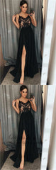 A-Line Spaghetti Straps Floor-Length Black Prom Dresses with Lace Split Online, TYP1166