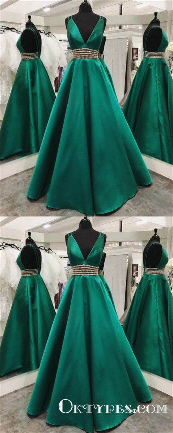Charming Backless Long Cheap Green Prom Dresses with beading, TYP1725