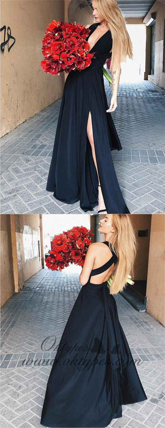 A-Line Deep V-Neck Open Back Long Black Prom Party Dresses with Split, TYP1286