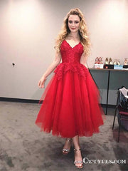 A Line V Neck Knee Length Lace Red Formal Homecoming Dresses, TYP1967
