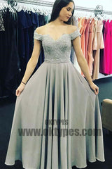 A-Line Off-Shoulder Open Back Sweetheart Grey Chiffon Prom Dresses with Appliques, TYP0464
