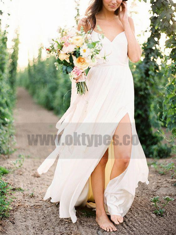Casual Spaghetti Straps V Neck Side Slit Simple Beach Wedding Dresses, TYP0800
