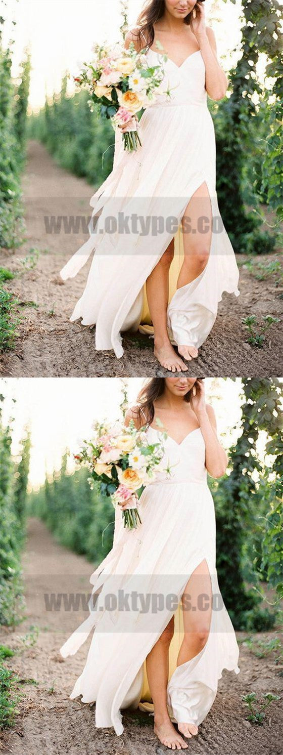 Casual Spaghetti Straps V Neck Side Slit Simple Beach Wedding Dresses, TYP0800