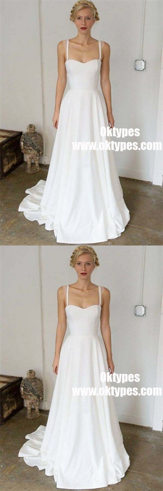 A-Line Straps Sweep Train Sleeveless Stain Simple Wedding Dresses, TYP0918